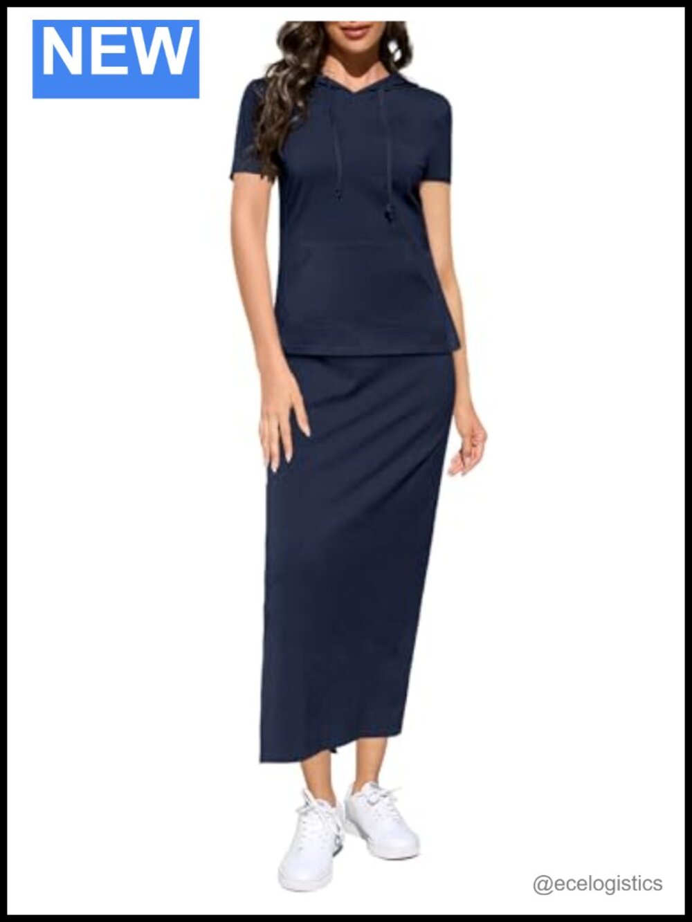 2 Piece Solid Sweatshirt Set Short Sleeve Hoodie Top Midi Skirt Matching Outfit